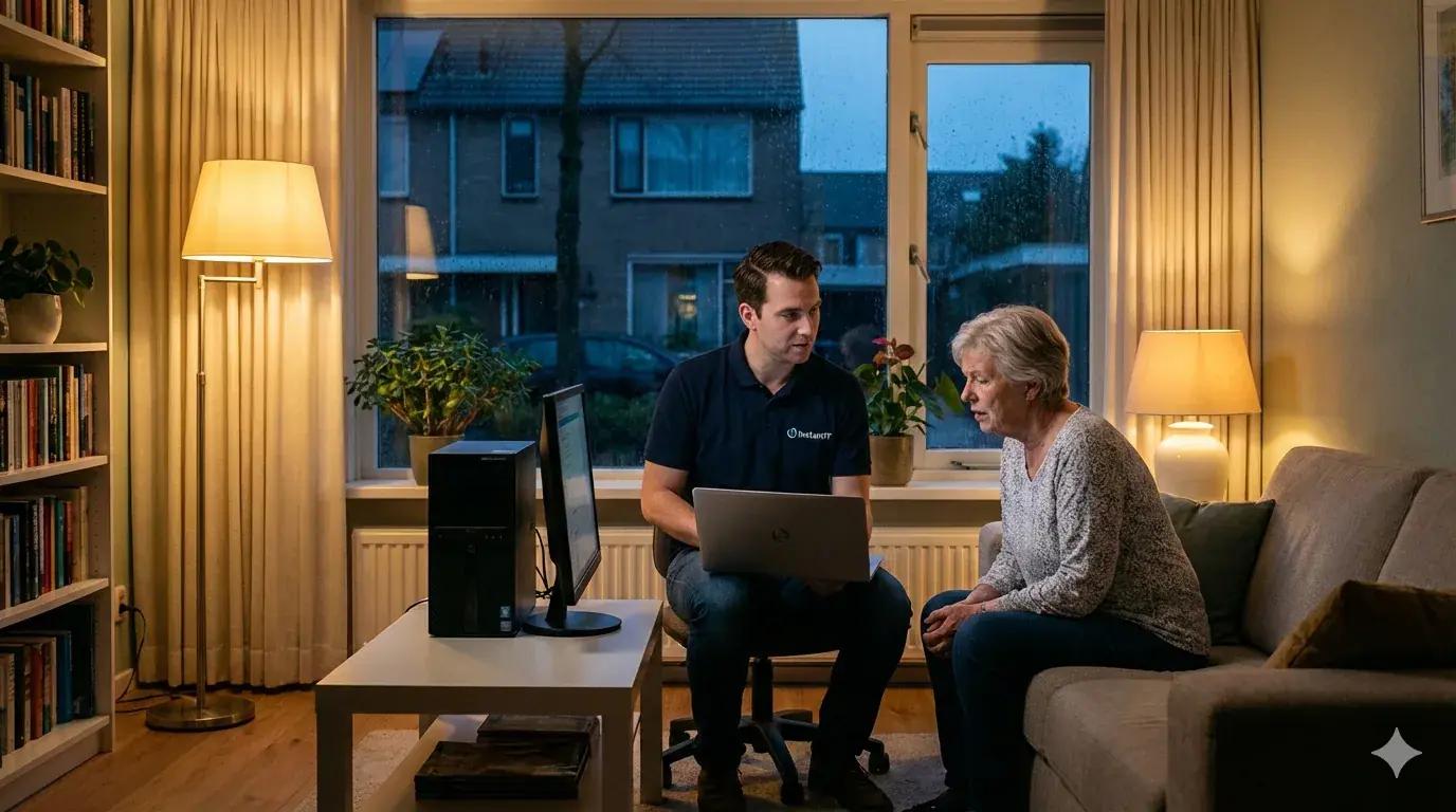 IT-Techniker hilft einer älteren Kundin zuhause am Computer